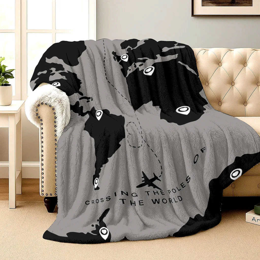 Abstract World Map Travel Fleece Throw Blanket Cozy Polyester Home Decor Sofa Warming Blanket Gift Idea Globe Print Accent