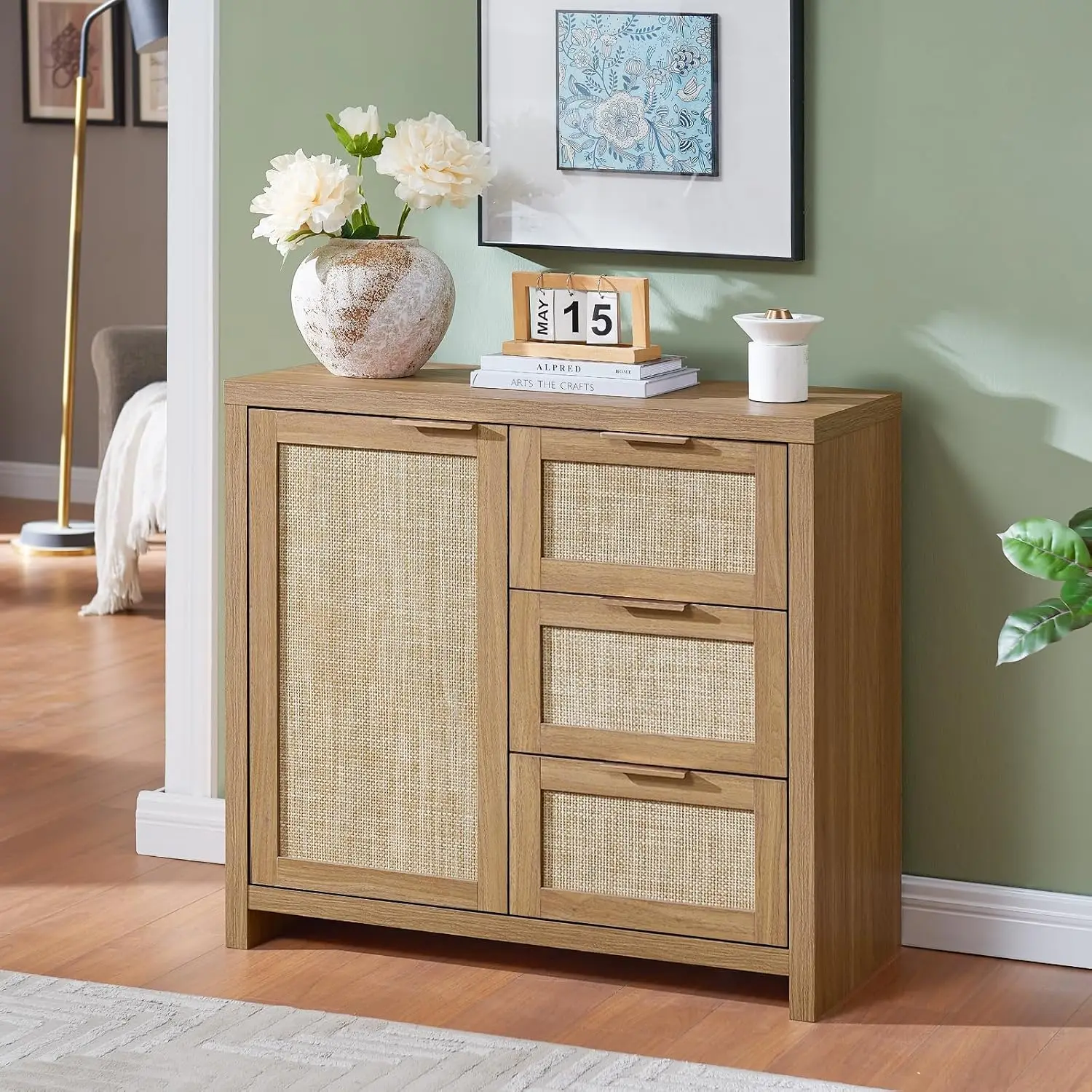 

3 Drawer Storage Cabinet Rattan Sideboard Buffet Accent Cabinet Boho Entryway Storage Cabinet Console for Living Room, Bedroom