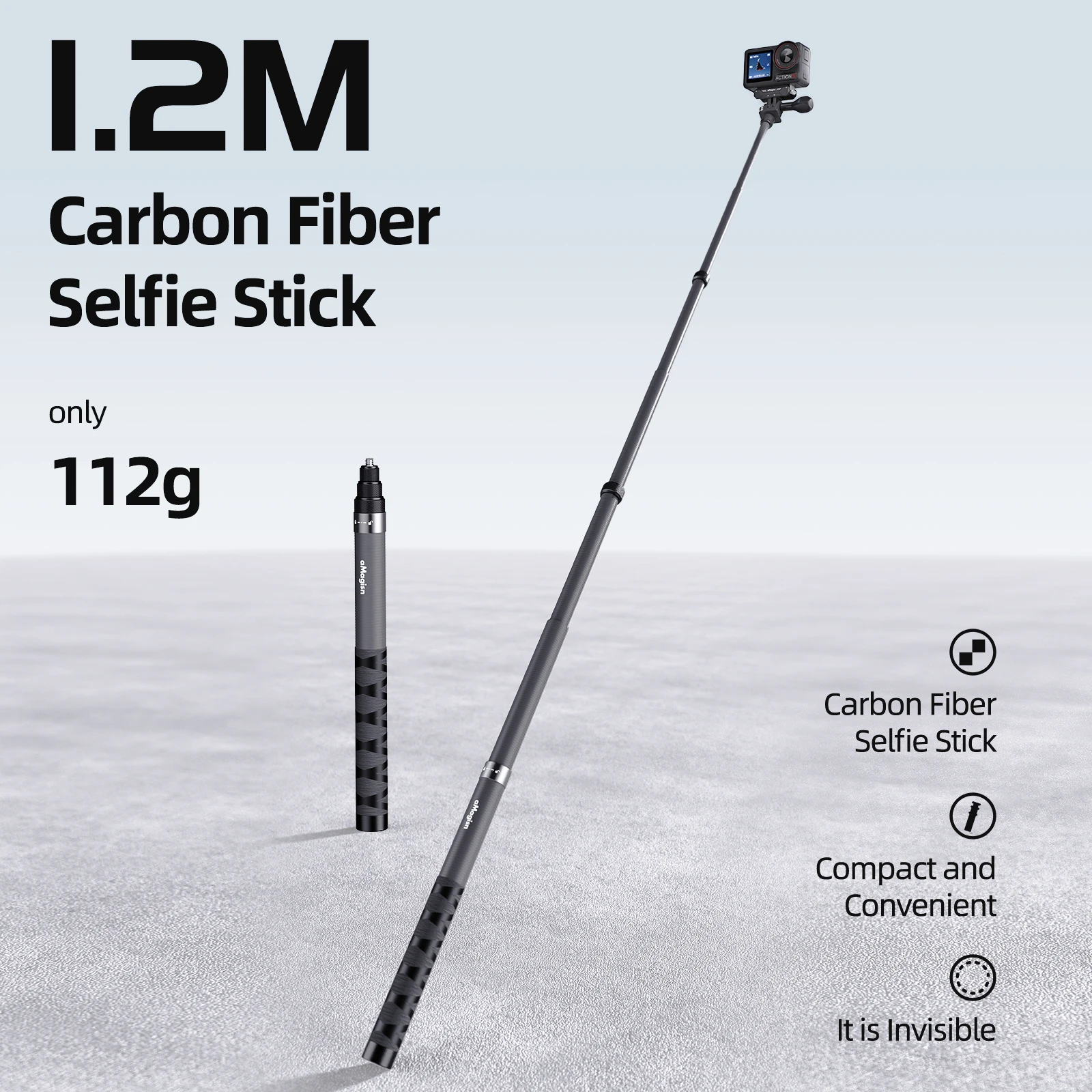 

Carbon fiber 1.2m selfie stick for Insta360 and other sports cameras