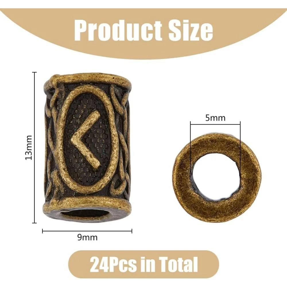 24Pcs Rune Beads Alloy Column Spacer Antique Bronze Elder Futhark Letter Loose Tube Beads Style Viking Hair - view 2