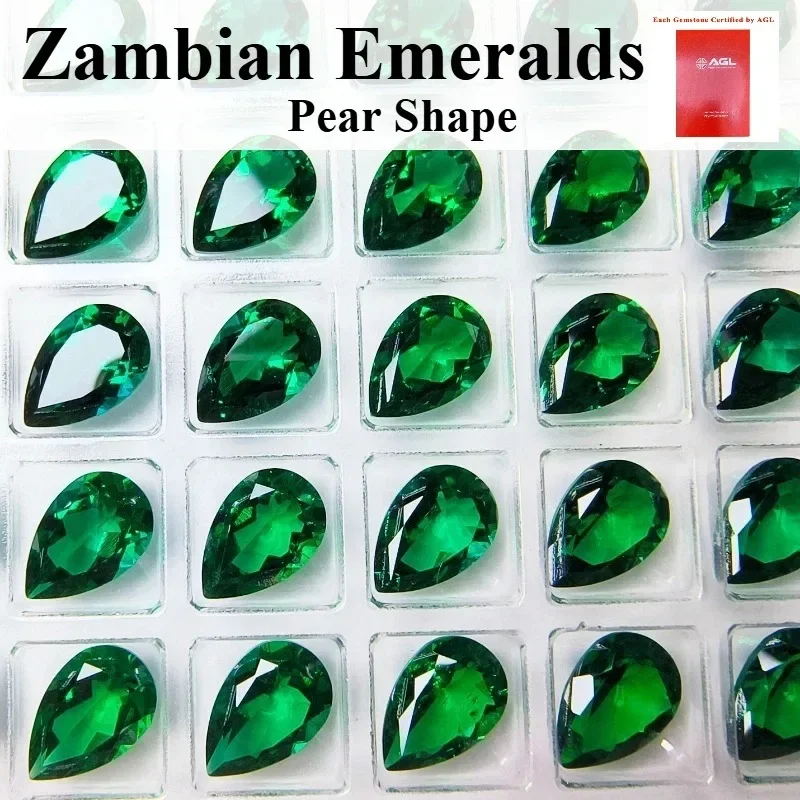 

Lab Grown Zambian Emeralds Pear Shape Hydrothermal Hand Cutting Cut with Cracks Inclusions Inside Selectable AGL Certificate
