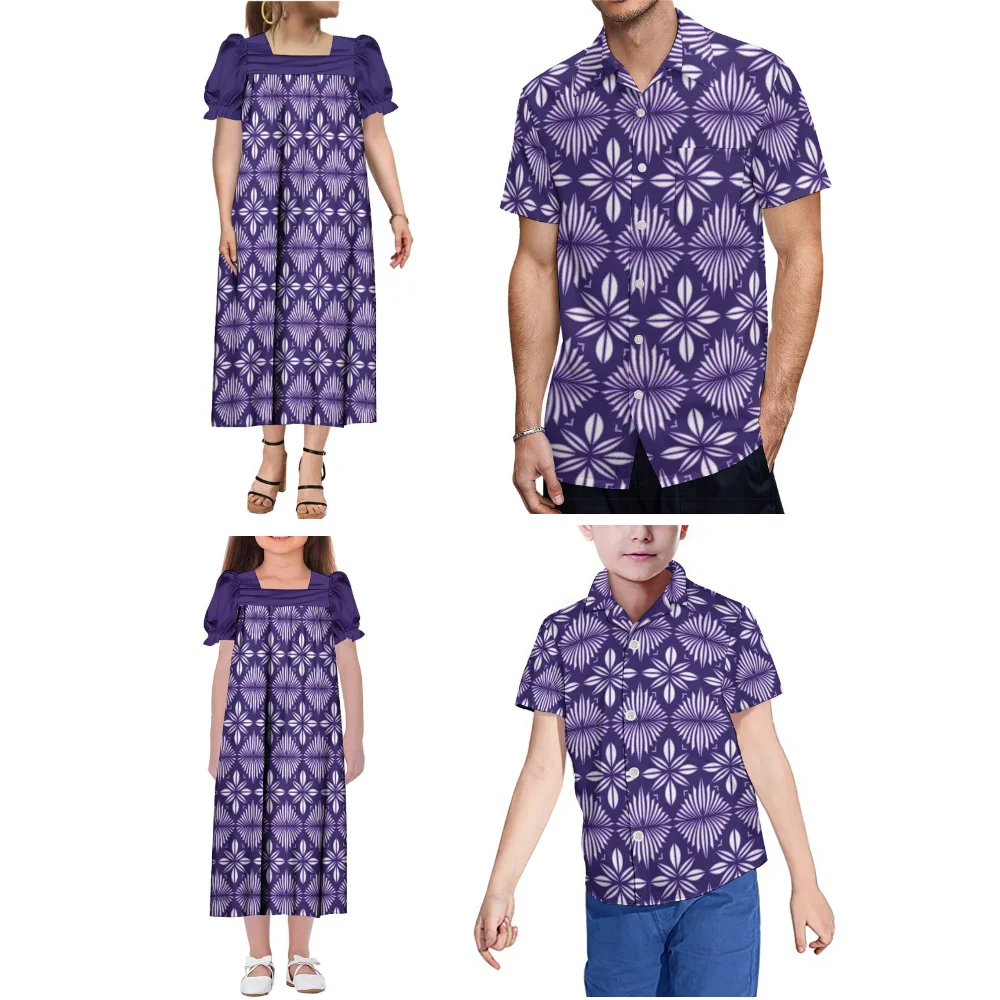 Polinésia impressão tribal feito sob encomenda verão novo conjunto mumu mãe-filha vestido de manga inchada pai-filho camisa casual havaiana