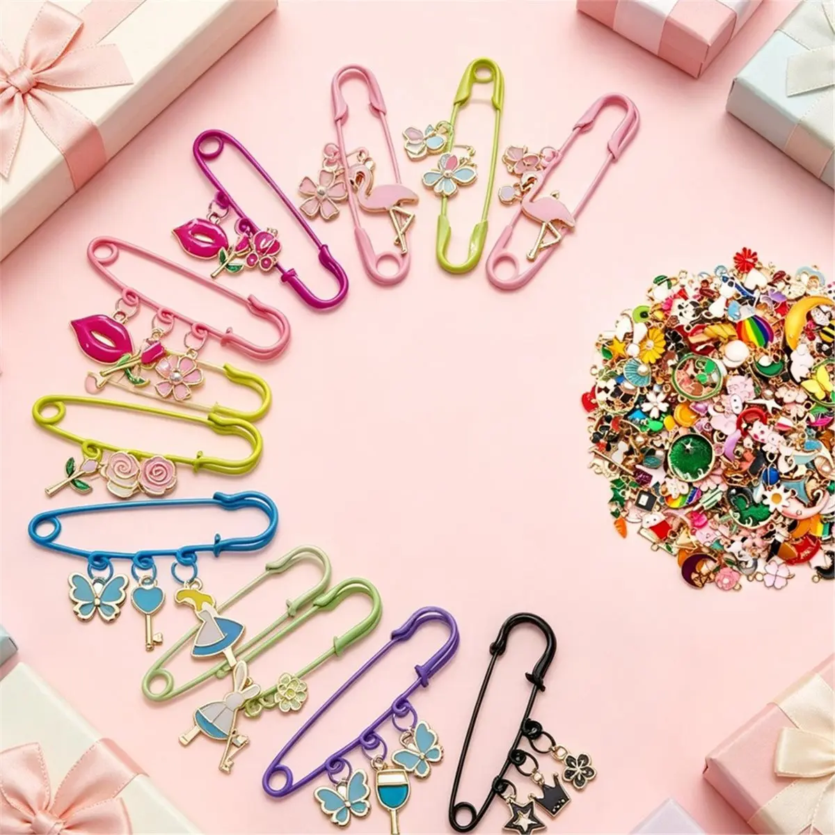 PROMOTION!68-Piece Colorful Waist-Cinching Pin Set - Includes 30 Small Rings (Random Colors) and 30 Charms (Random Styles)