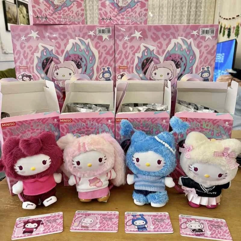 Neu auf Lager – Miniso Hello Kitty Popstar Series Vinyl-Plüsch-Blindbox, süßes und modisches Kt-Katzen-Puppen-Taschenanhänger-Geschenk für Mädchen