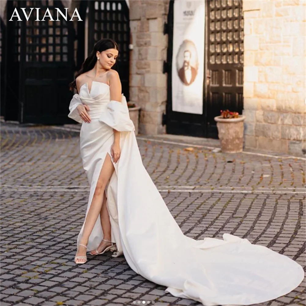 

Aviana Elegant V-Neck Wedding Dress For Women 2023 Puff Sleeves Backless Bridal Gown Mermaid High Split Simple Satin Bride Dress