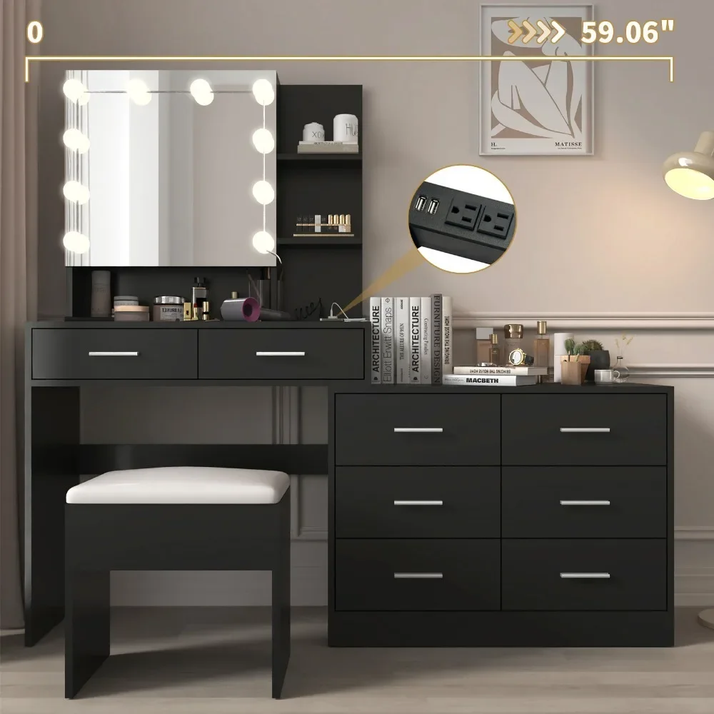 Vanity Table with Charging Station Mirror and 10 LED Light Bulbs, Makeup Table with Drawers and Storage Shelves, Black Dressers