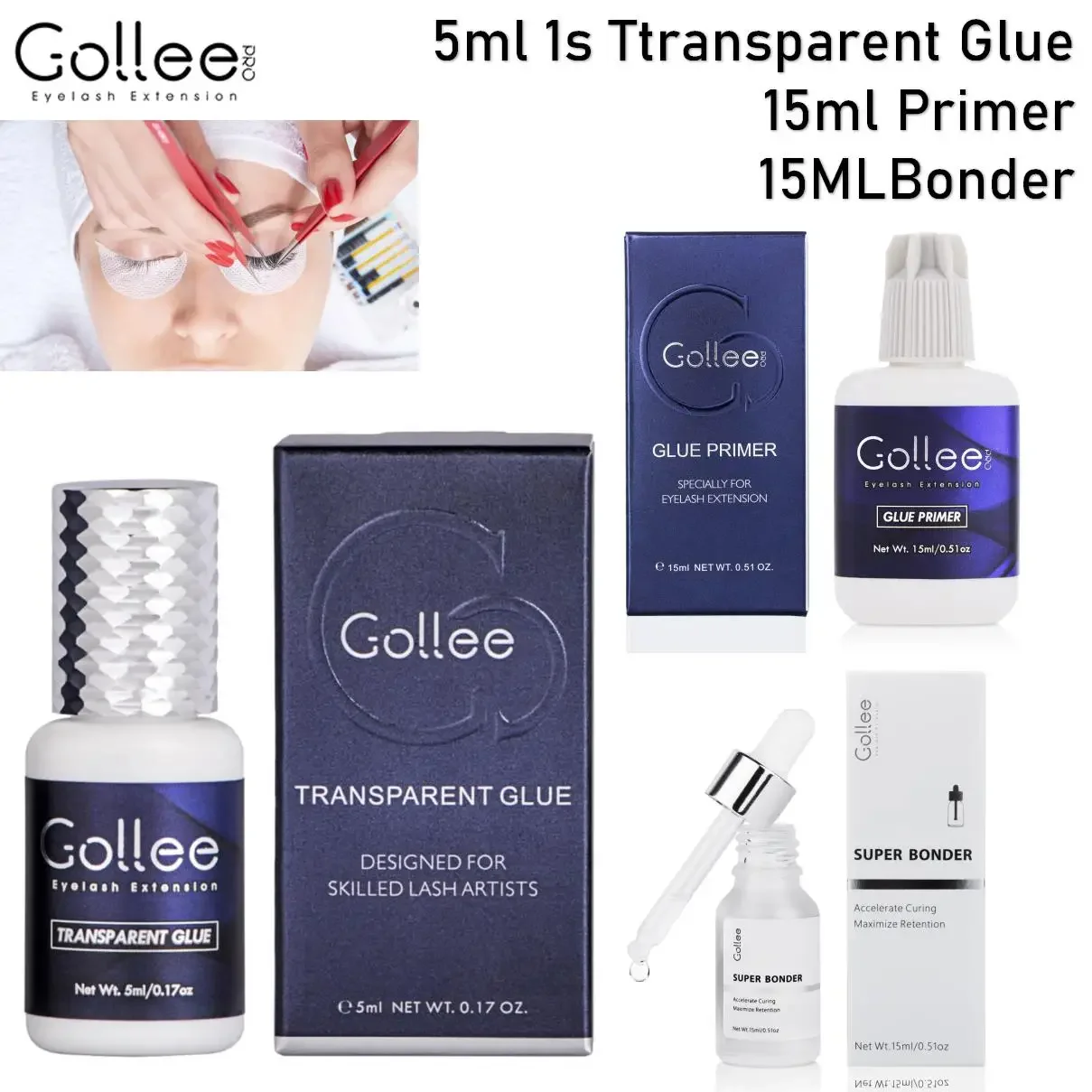 Golle Transparent Eyelash Extension Glue & Lash Primer & Super Bonder 1 Sec Fast Drying 6-8 Week Black Adhesive Professional Use