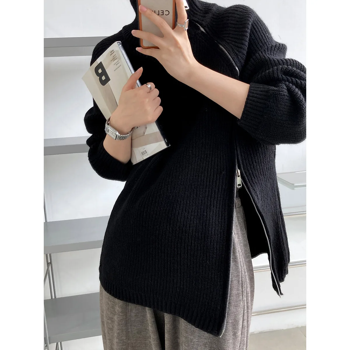 Zipper Turtleneck Jumpers Long Sleeve Sweater Gray Women Y2k 2023 Autumn Winter Sweaters Pullovers Loose Elegant Long Jumpers