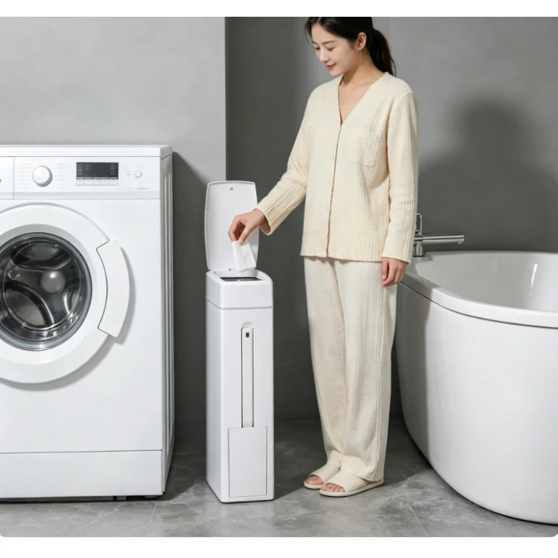 

Slim Narrow Bathroom Garbage Can Multifunctional Toilet Brush Integrated Design Covered Trash Bin Home Toilet Storage Tool
