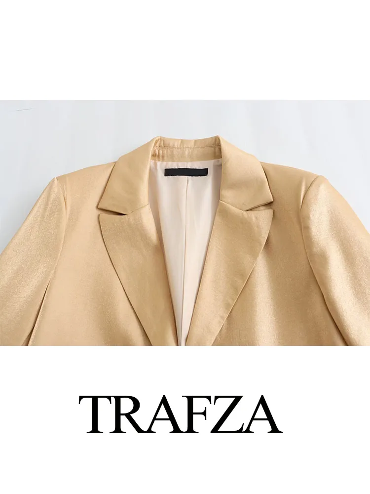 TRAFZA Spring Fashion Women Blazer Tops Gold Turn-Down Collar Long Sleeves Pockets Single Breasted Female Chic Coats Office Lady