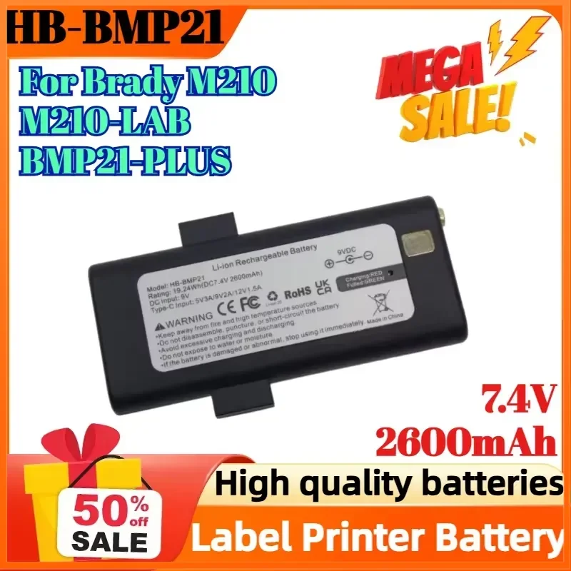 

HB-BMP21 7.4V 2600mAh 19.24Wh Type-C Charging Large Capacity for Use with Brady Printer M210 M210-LAB and BMP21-PLUS