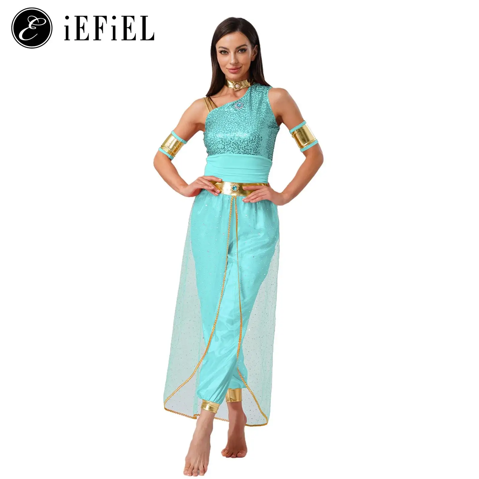 

Woman's Arabian Princess Halloween Cosplay Costume Sequins One Piece Jumpsuits with Tailskirts Belly Dance 2 Pcs Outfit