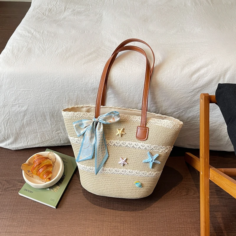 

Elegant Straw Woven Tote Bag for Women 2026 Large Capacity Zipper Beach Shoulder Bag Starfish Decoration for Summer Travel