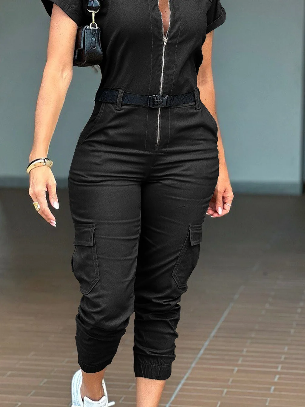 여성 캐주얼 작업복 점프수트 지퍼 또는 멀티 포켓 유틸리티 슈트 롱 팬츠 폴리에스터 섬유 오피스 출퇴근 슬레