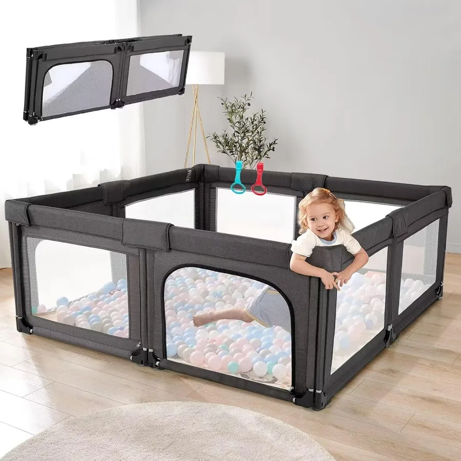روضة أطفال قابلة للطي مقاس 79 × 59 من Cholena مع ساحة لعب سفلية لسياج أمان داخلي بمساحة لعب مع باب بسحاب أسود