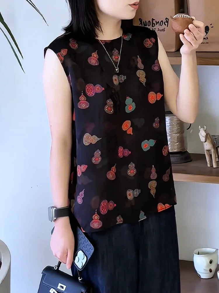 

Новая китайская женская майка-топ большого размера с круглым вырезом, дышащая, с принтом, для повседневной носки, лето 2025