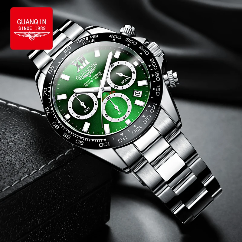 GUANQIN Men's Watches Classic Luxury Gradient Green Dial Original Brand Quartz Wristwatch for Man Chronograph Date Waterproof