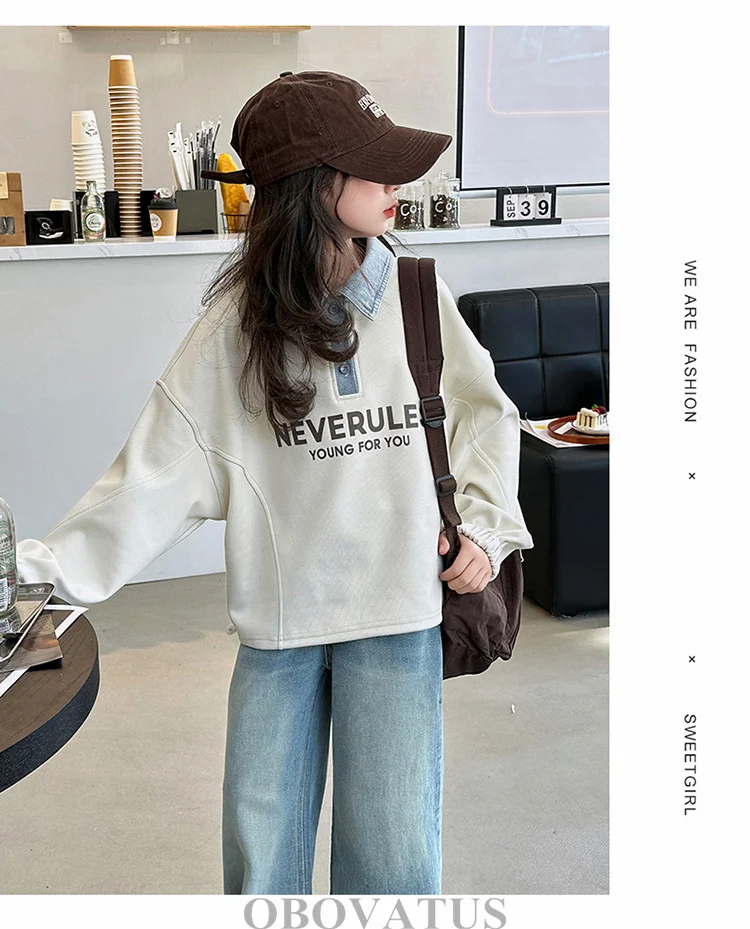 Koreanische Kinder-Langarm-Poloshirts für Mädchen Neue Mode Streetwear Kinder-Sweatshirt mit Denim-Kragen für Teenager im Alter von 5-14 Jahren – Detail 7