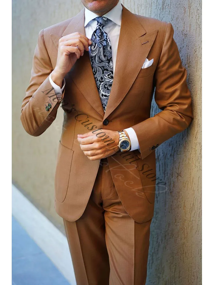 Brown Suits For Men 2 Pieces Elegant Bespoke Two Buttons Peaked Lapel Wedding Tuxedo Bridegroom Tailor Made Blazer Jacket+Pants