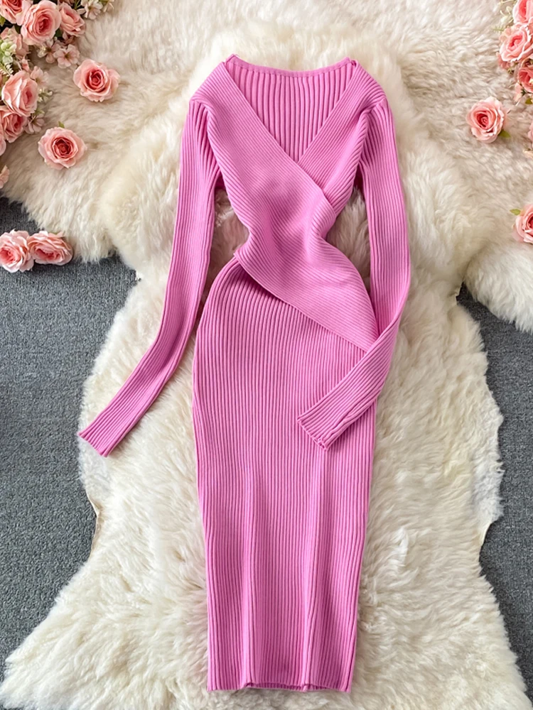 YuooMuoo Jesień Zima 2025 Sukienka Damska Elegancka Krzyżowa Dekolt V Wyszczuplająca Talia Dzianinowa Sukienka Bodycon Koreańska Sukienka Biurowa Vestidos
