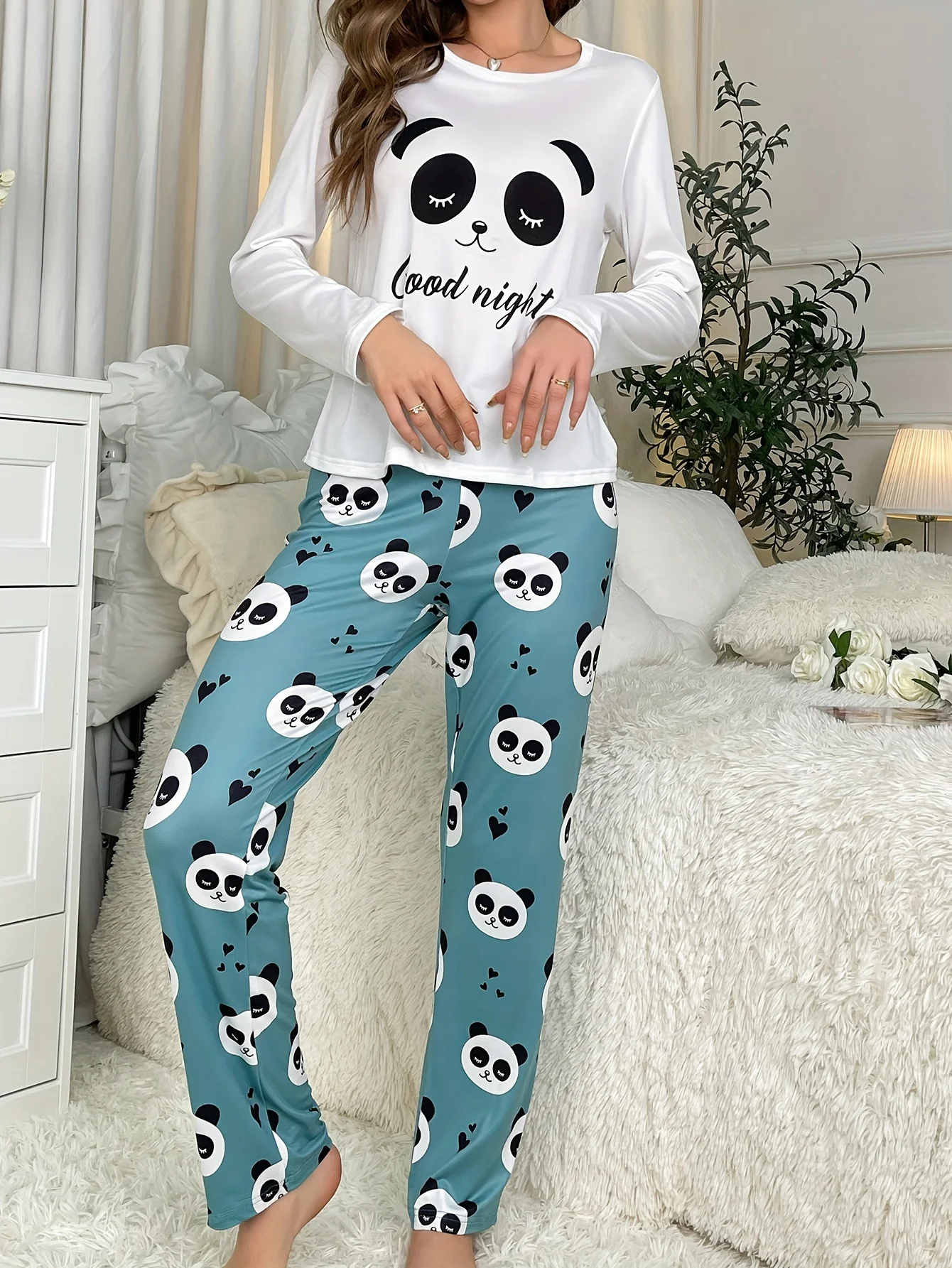 New style cute home dress panda pattern trousers long sleeve two piece pajamas