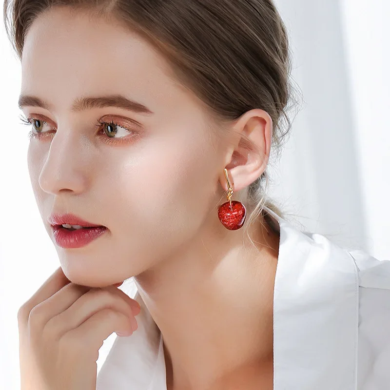 2024 New Japan Korean Cherry Fruit Shaped Drop Earrings For Women Sweet Girls Cute Brincos Line Pendientes Gifts Custom Jewelry