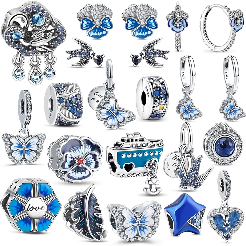 

2024 New Original Design Charms 925 Sterling Silver Blue Flower Butterfly Swallow Clips Fit Pandora Bracelet Jewelry Pendants