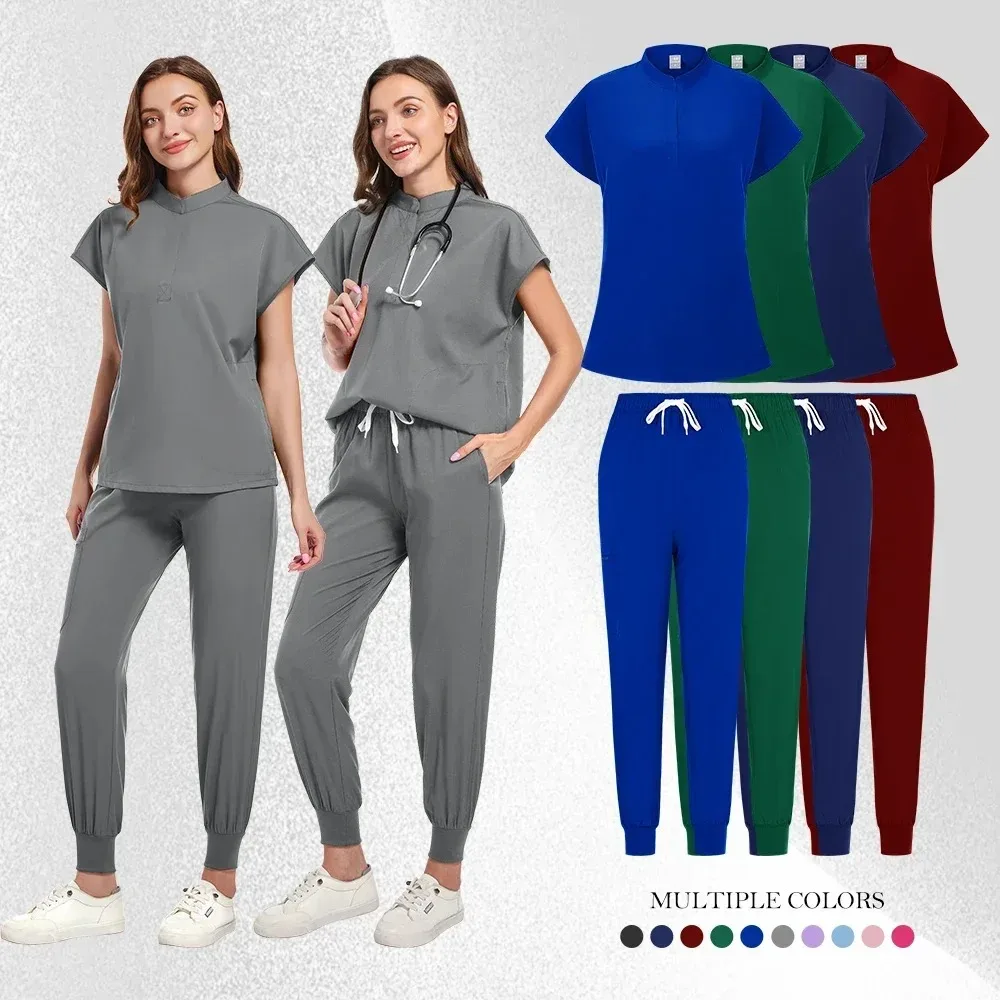 Uniformes de enfermeira hospitalar confortável médico jogger elegante esfrega ternos novo design hospital feminino enfermeira topos e calças esfrega conjunto