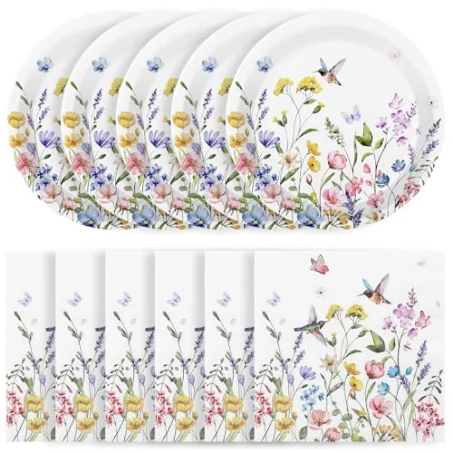 50 Pcs Paper Plates and Napkins, Disposable Floral Plates and Napkins Tableware Set Garden Party Supplies for Spring Tea Party