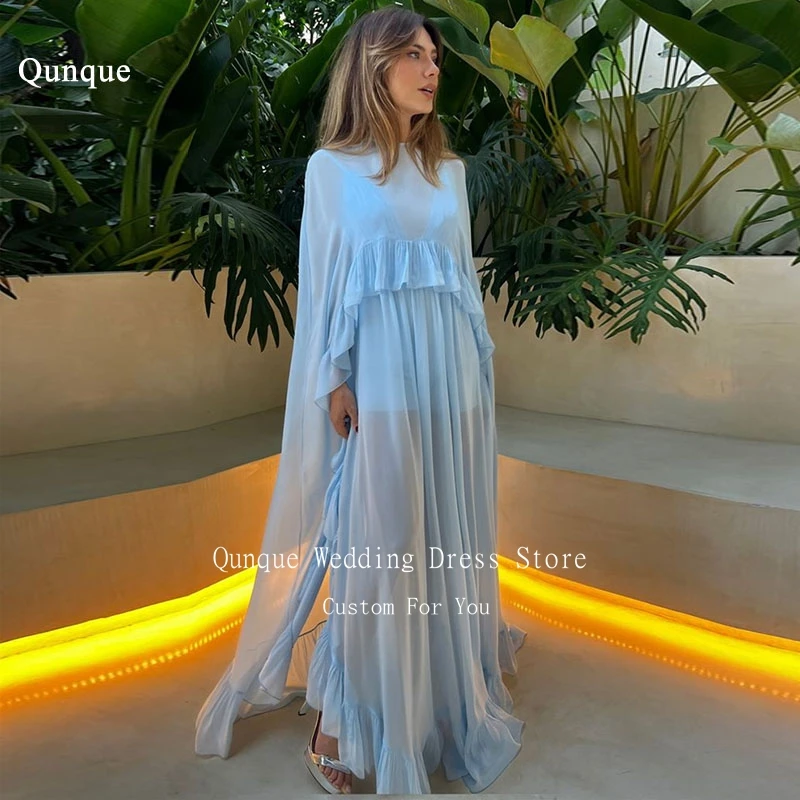 

Qunque Sky Blue Elegant Long Evening Dresses Chiffon Illusion Customized Party Dresses Woman Vestidos Para Eventos Especiales