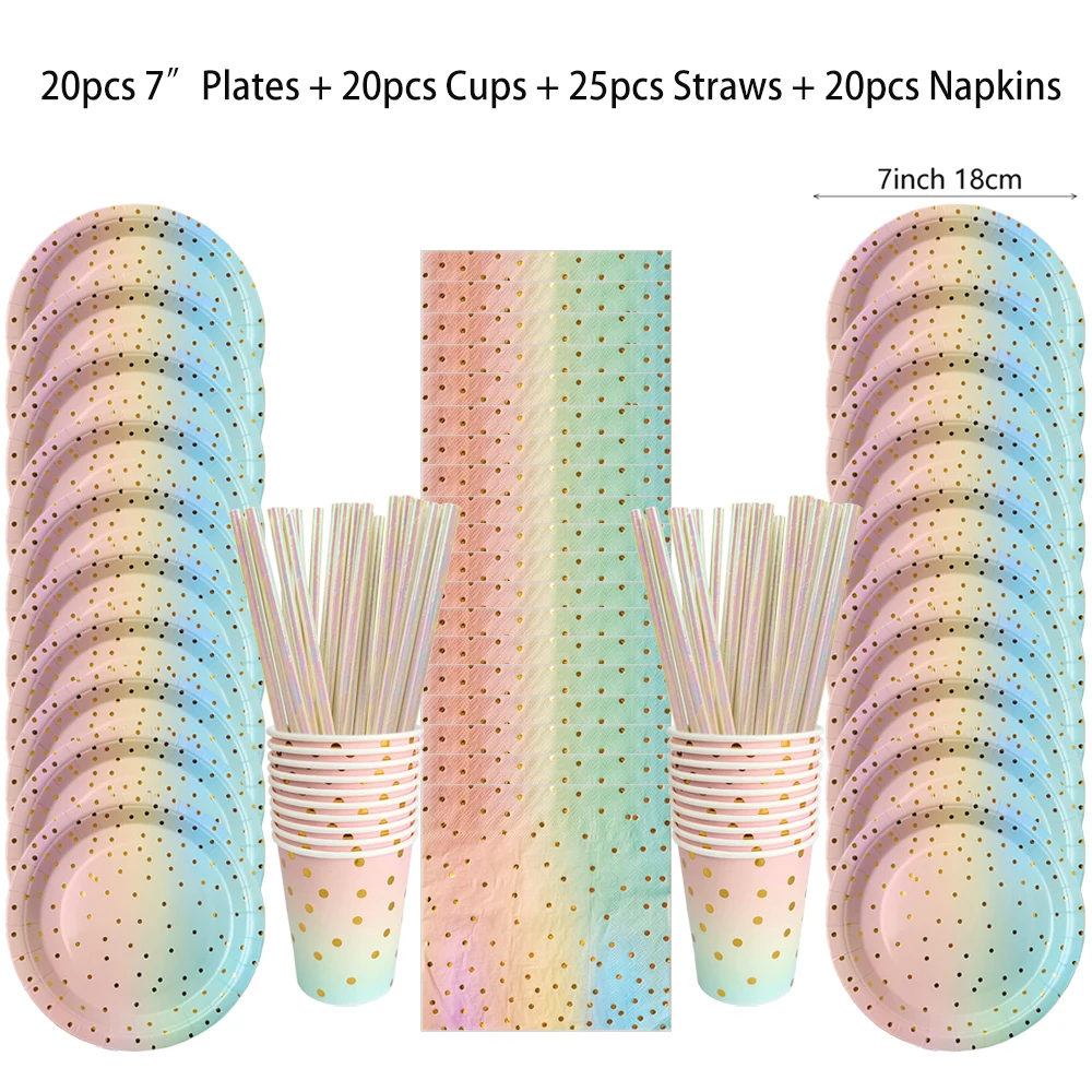 Zestaw jednorazowej zastawy stołowej w kolorze tęczy Papierowy talerz Papierowy kubek Obrus Urodziny Ślub Baby Shower Dekoracja Party Supplies — zdjęcie 4