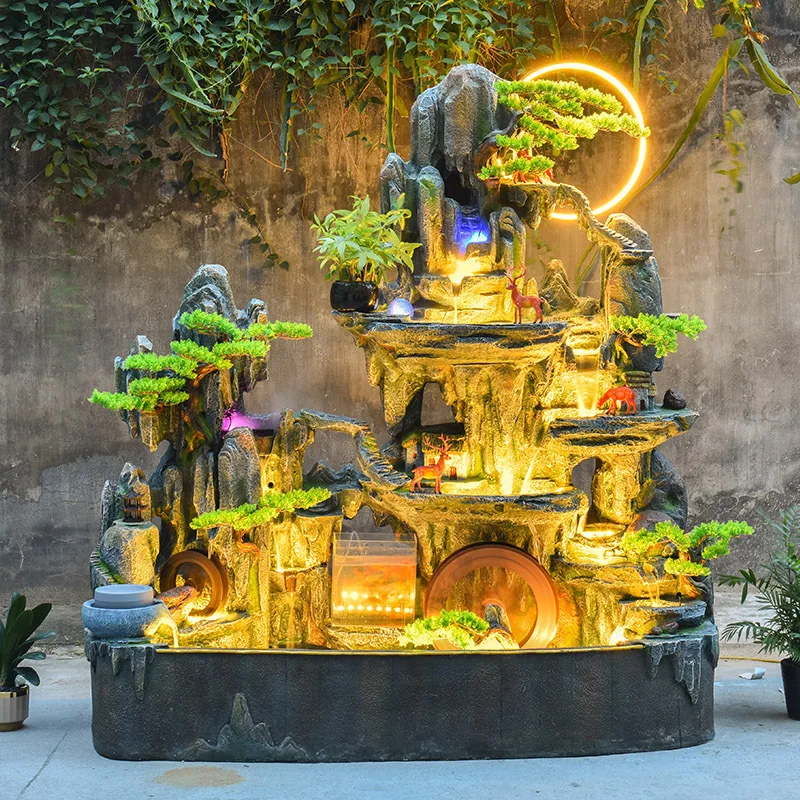 Large rockery, flowing water fountain, outdoor courtyard, fish pond, artificial landscape, circulating water waterfall