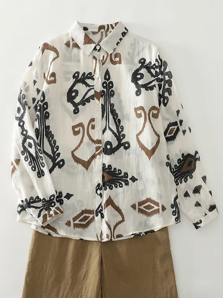 Spring Autumn Printed Cotton Hemp Long Sleeve Shirt Women New Thin Breathable Artistic Blouse Large Loose Casual Shirt Top S102