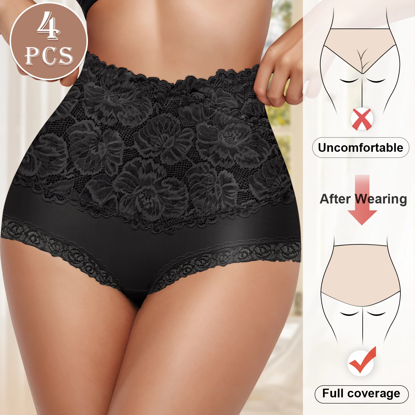 4pcs High Waisted Panties Ladies Jacquard Pattern Sexy Lace Hip Lifting & Shaping Skin Friendly & Soft Comfortable Cotton - Image 4