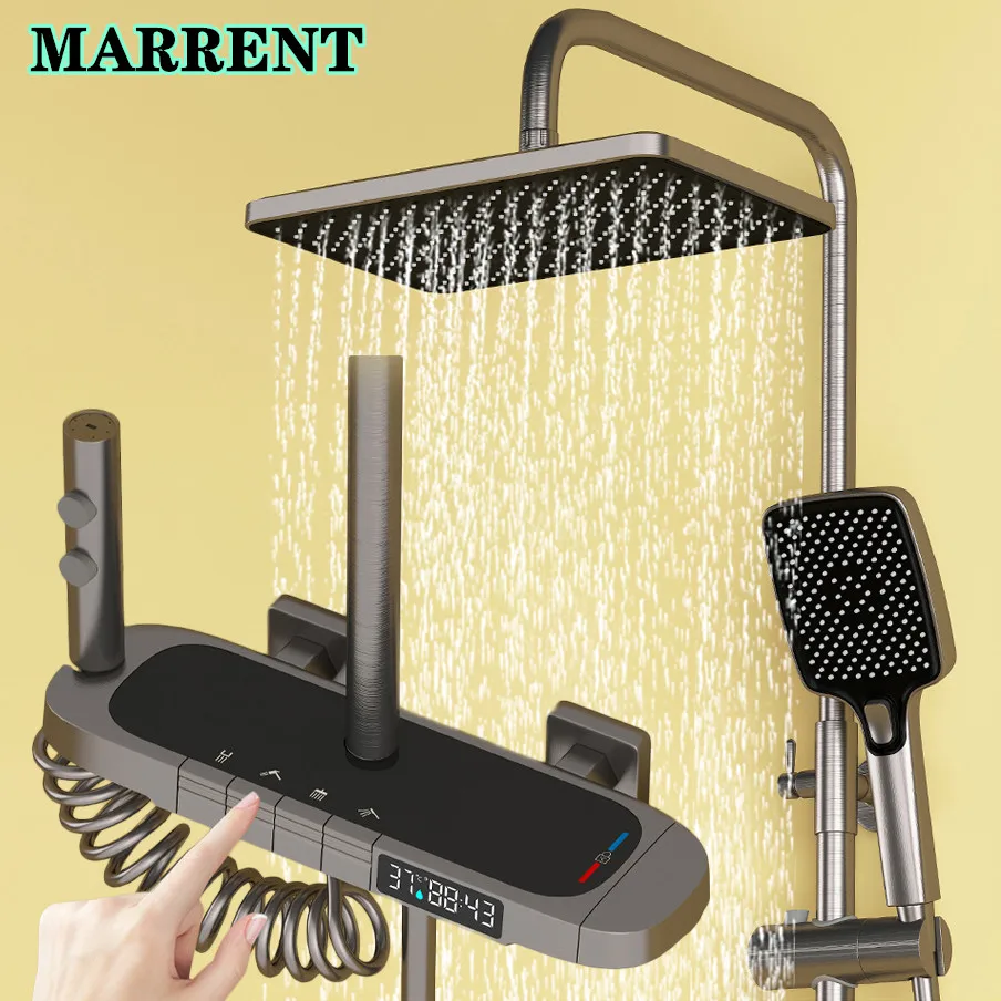 

Newly Piano Thermostatic Shower System for 12 Inch Rain Shower Head Hot Cold Bathroom Faucets Grey Piano Digital Shower Set