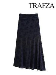 TRAFZA Women Chic High Waist Flocking Asymmetrical Fold Decorate Slim Long Skirt Female Fashion Texture Street Style Skirt Mujer