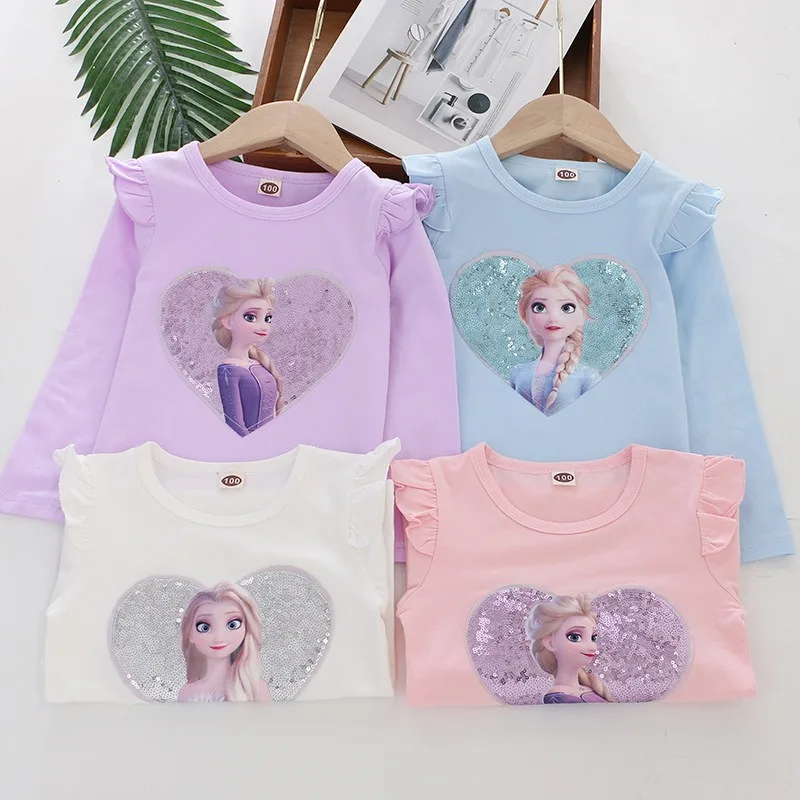 Disney Tee Shirt Quality Cotton Blue Pink Girl Tops for Children T-shirt Girls Long Sleeve Kids Tops Frozen Elsa Anna Clothes