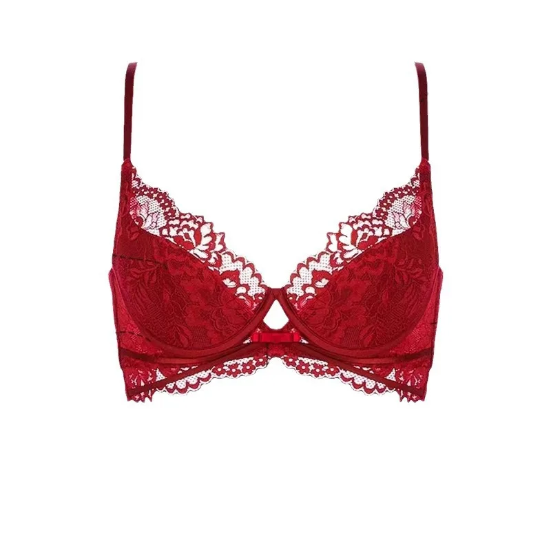 Red bosom year Lacy underwear ladies Big Boobs show small soft steel ring adjustment type French bra set