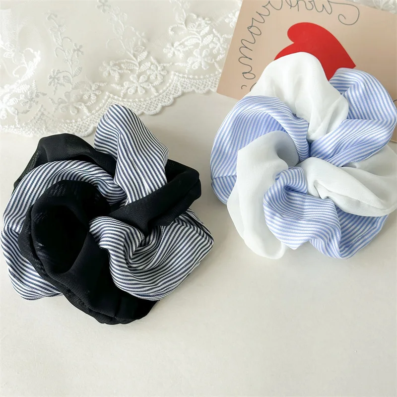 

Ins Hot Sale New Blue White Striped Chiffon High Elastic Hair Rope Fashion Fabric Scrunchie Hair Accessories