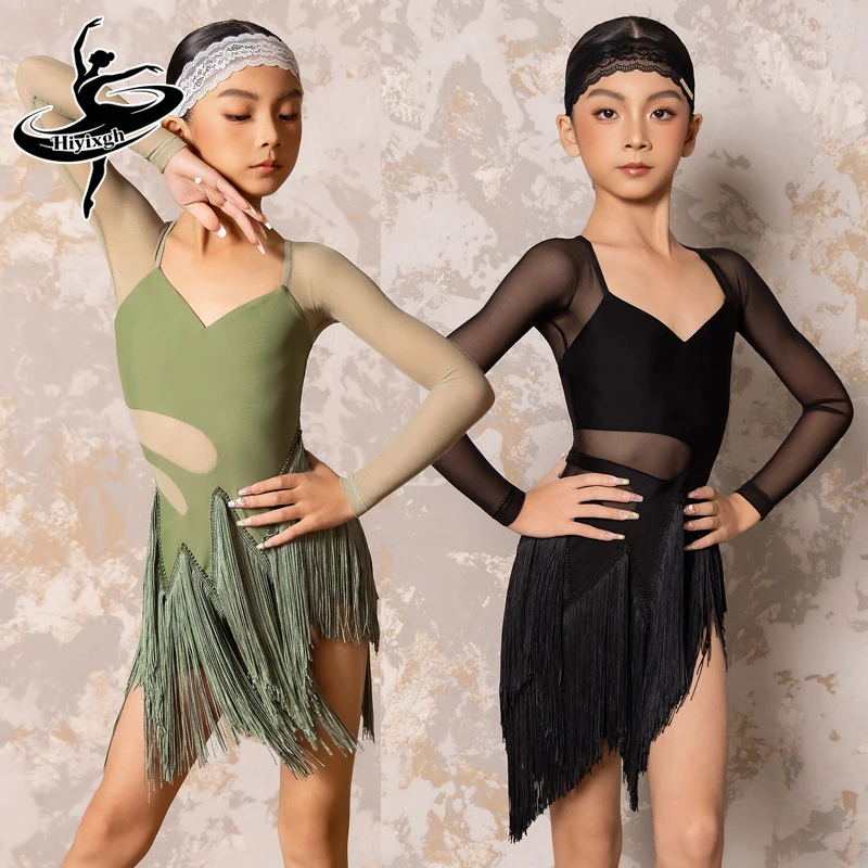 

Платье с бахромой для латинских танцев для девочек, черное, зеленое, с длинными рукавами, тренировочная танцевальная одежда, детские танцевальные костюмы для ча-ча-румбы, самбы