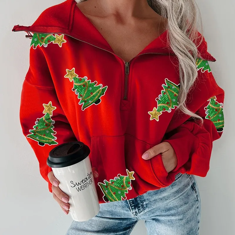 

Women Sweatshirts Tops Zipper V Neck Casual Pullovers Print Full Sleeve Splice Regular Pockets Ladies Top Autumn Winter