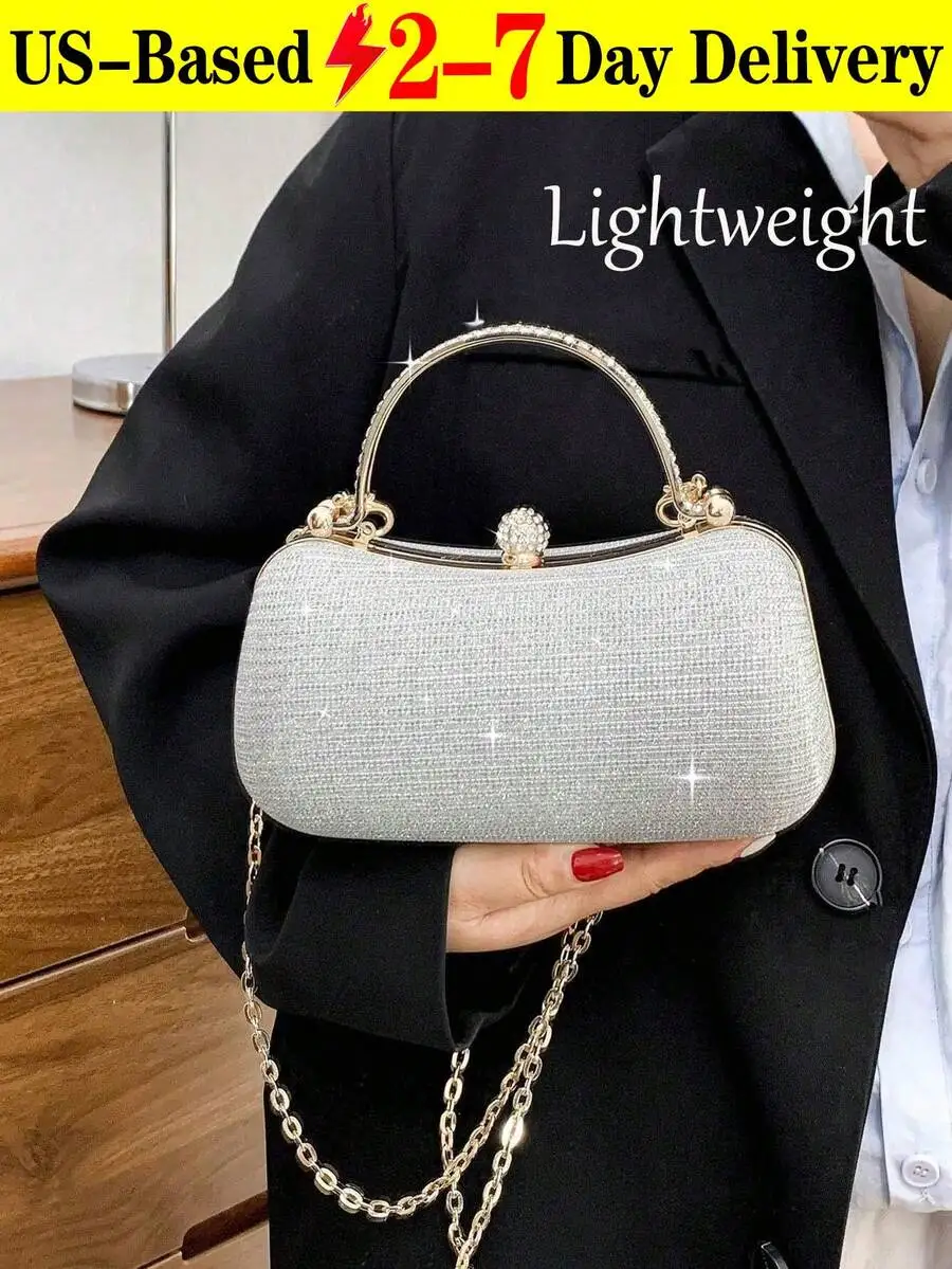 

Sparkling Silver Rhinestone Box Clutch With Gold Chain Handle For Evening Wedding Prom Party Dress Accessory