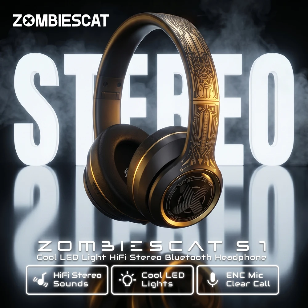 Zombies Cat S1 Bluetooth Headphones Powerful Deep Bass Over-Ear Wireless Earphone ENC Call Noise Reduction Headset with Mic