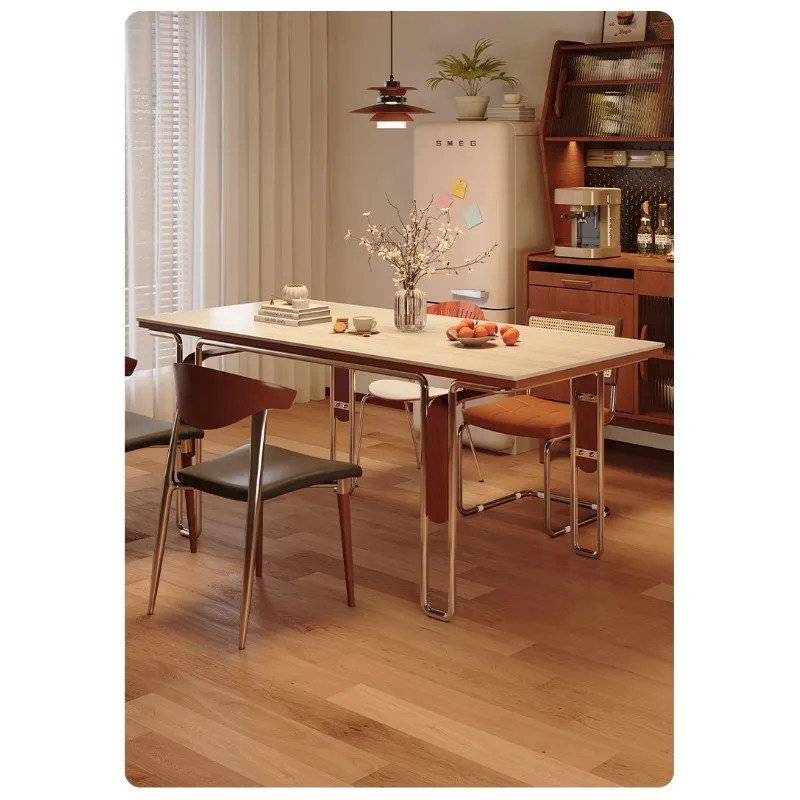 

Medieval travertine rock slab solid wood dining table rectangular Nordic stainless steel Bauhaus retro furniture dining table