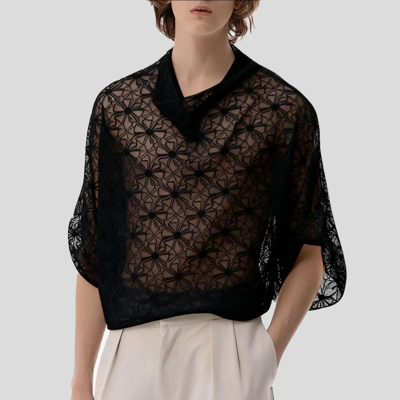 

INCERUN Мужские футболки Кружевные прозрачные свободные сексуальные футболки с короткими рукавами Мужская уличная одежда Модная повседневная мужская одежда Camisetas