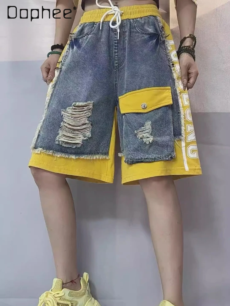 European Goods Denim Shorts Women's 2025 Summer New Letter Printing Splicing Pocket Ripped Five-point Pants Women Shorts