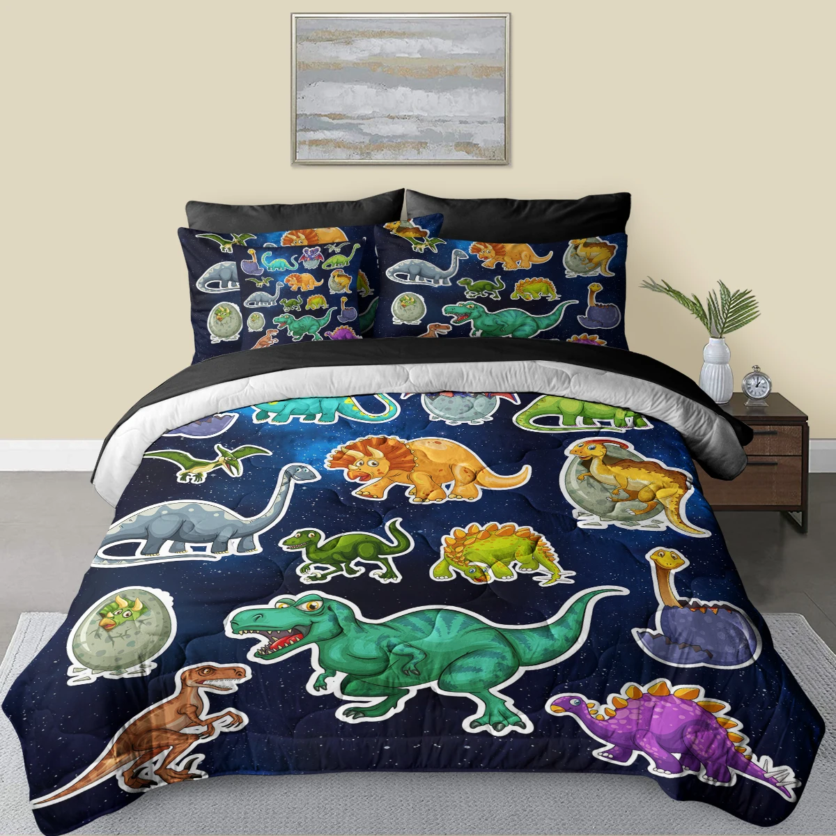 8 Piece Colourful Cartoon Dinosaurs Printed Comforter Set with Black Flat Sheet Home Decor Suitable for All Seasons