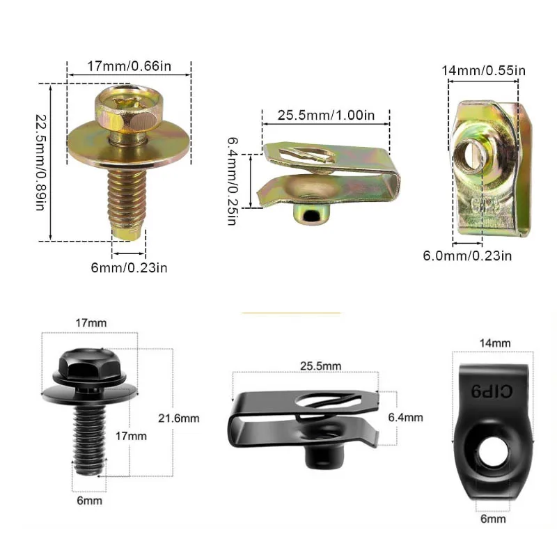 Car Body Metal Bolts U-nut Clips M6 Engine Cover Undertray Splash Shield Guard Bumper Fender Liner Retainer Fastener Rivet Screw