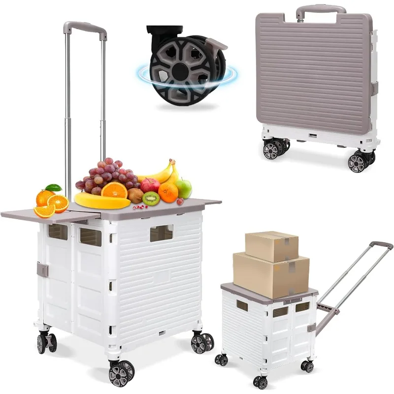 Folding Utility Cart Rolling Crate Tote Basket Box Storage Handcart on 4 Swivel Wheels with Adjustable Handle Extended Magnetic