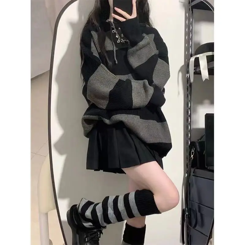 Gidyq Women Knitted Sweatshirt Korean Fashion Stripe Female Loose Long Sleeve Sweater Casual Streetwear Jumper Autumn New